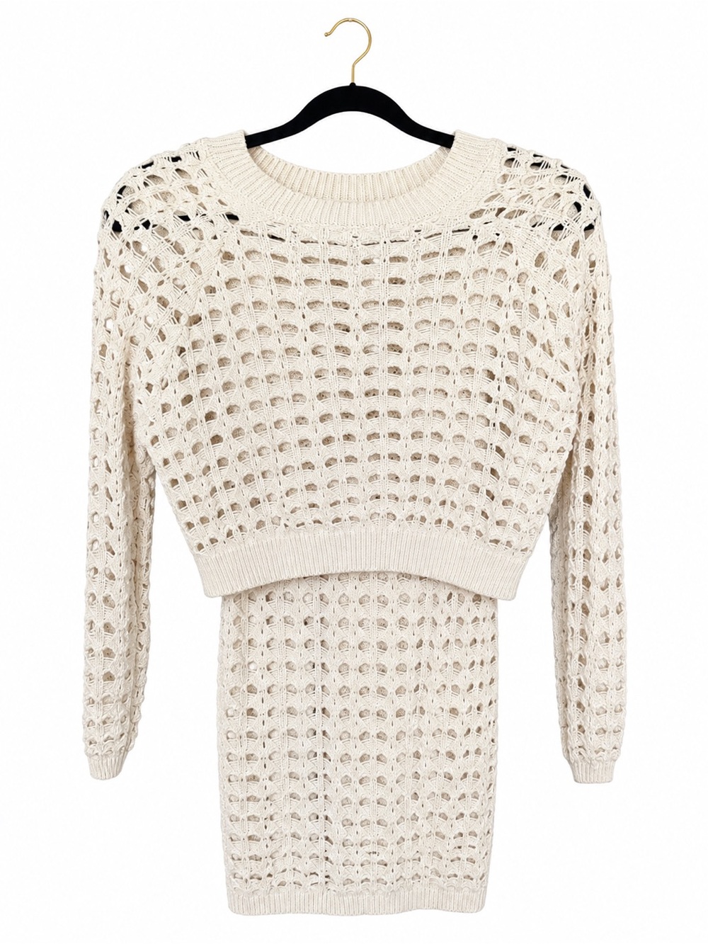 Women's Open-Knit Cream Crewneck Sweater